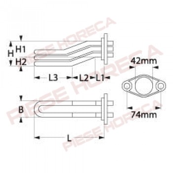 Rezistenta boiler expresor FUTURMAT, FAEMA, ITALCREM, QUALITYESPRESSO, putere 2600W, alimentare 230V, 2 circuite, montare pe Ø42mm, diatanta intre gauri 74mm, lungime-330mm